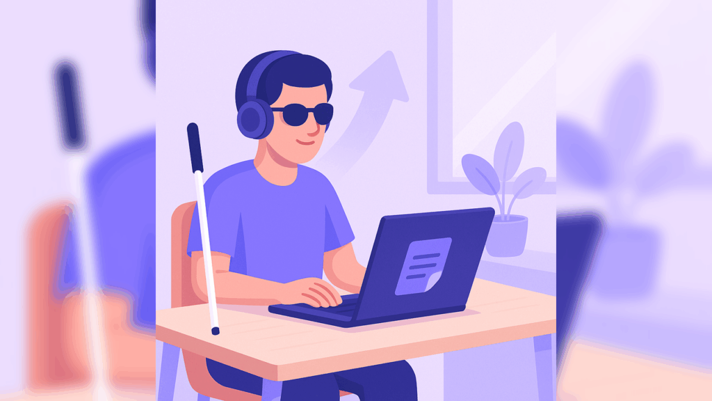 Illustration of a blind person using a laptop with headphones, seated at a tidy desk with a white cane nearby and an upward arrow in the background symbolizing growth."