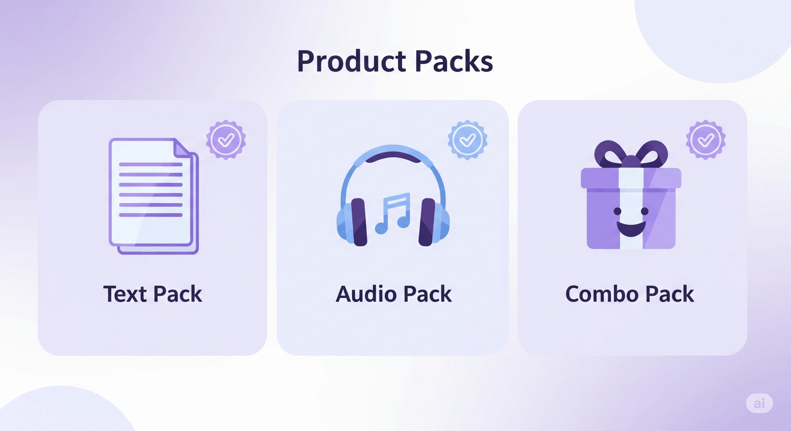 Three flat-style icons for text, audio, and combo packs in a clean 3-column layout."