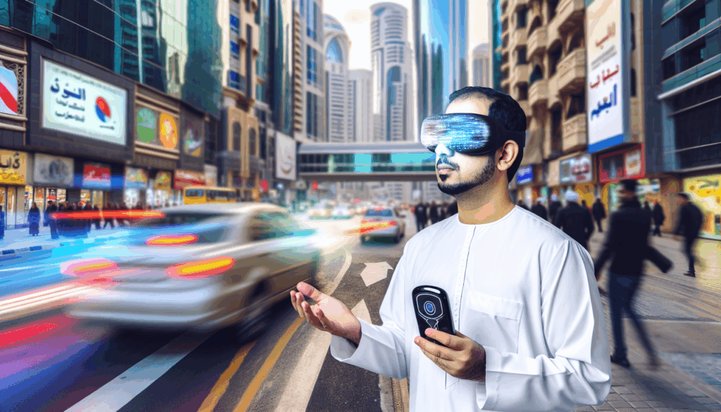 A visually impaired person using a cutting-edge AI-powered device in a bustling urban environment, showcasing empowerment and inclusion.