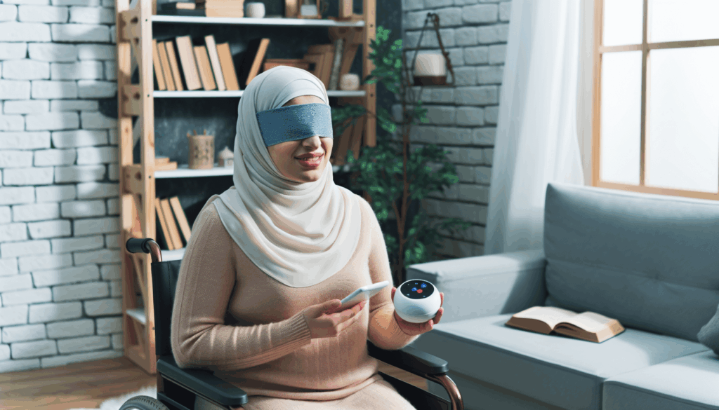 A visually impaired person using a voice assistant device in a cozy living room, surrounded by books and tech gadgets, illustrating interaction and empowerment.