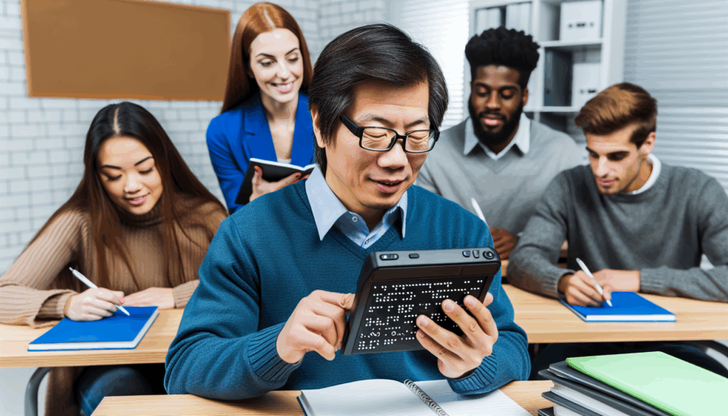 A visually engaging scene of a blind student using a modern Braille e-reader in a classroom setting, surrounded by diverse students and teachers, highlighting inclusivity and digital accessibility.