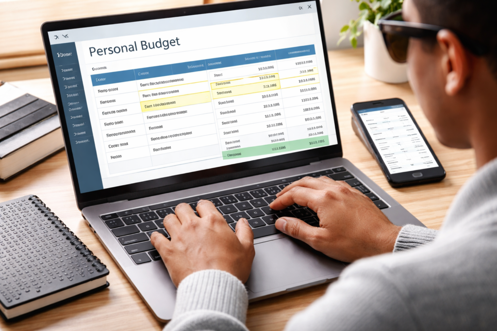 A visually impaired person using a laptop with a structured spreadsheet and screen reader focus, tracking finances independently.