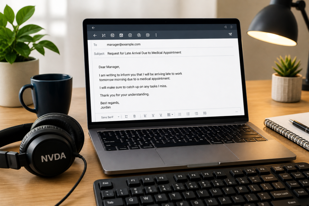 Laptop on a desk showing an email draft, with headphones and keyboard nearby, representing NVDA and email writing workflow.