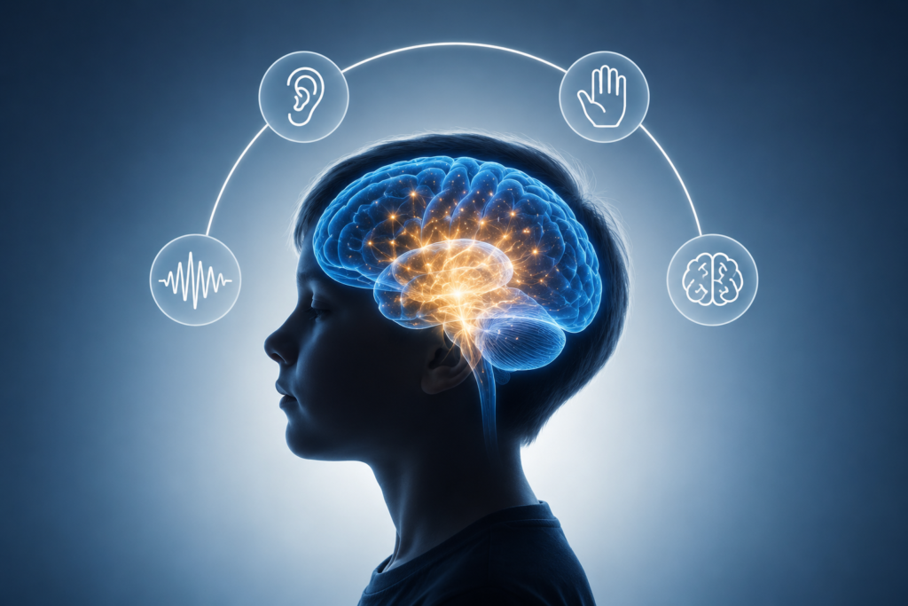 Glowing human brain with sensory icons representing neuroplasticity and cortical blindness.