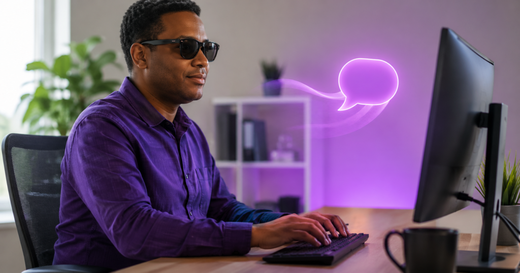 Blind computer user working at a computer with free AI tool for blind users