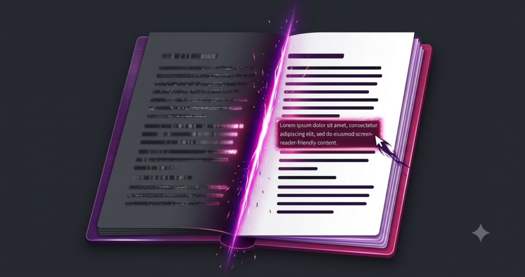 A scanned document converting into readable text, representing how to read PDF with NVDA"